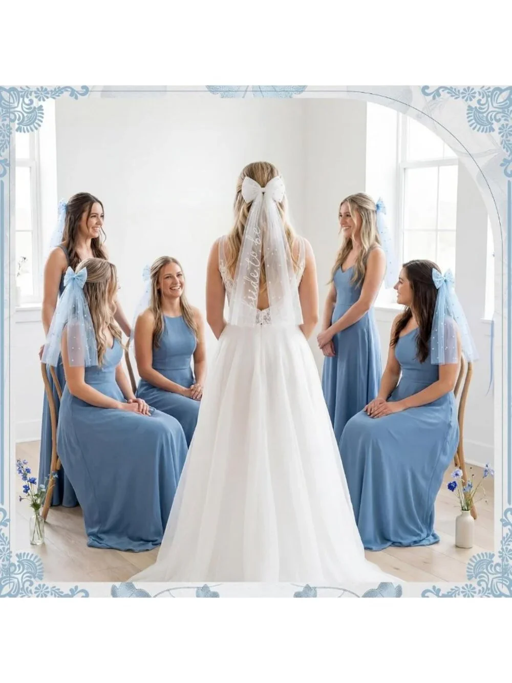 Bachelorette Party Favor Set - 6 Pcs Bride & Bridesmaid Veil, Pearl Hair Pins